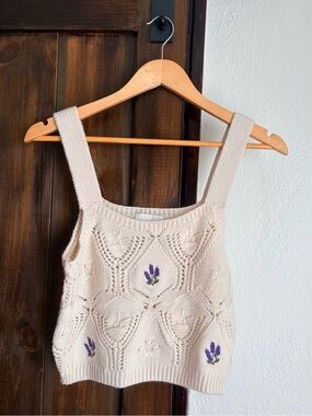 Pink Rose Cream Crochet Tank Top With Embroidered Lavender Flowers 🪻✨